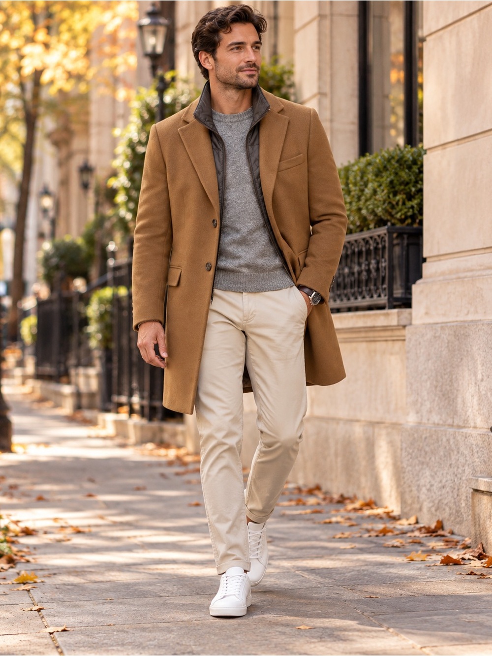 Men's Camel Wool-Blend Pea Coat with Quilted Inner Panel